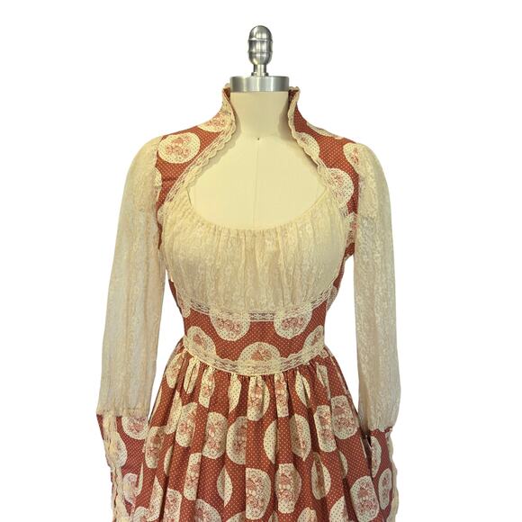 Gunne Sax Red Floral Milkmaid Maxi Dress Size 13 Calico Vintage 70s Prairie - Picture 3 of 14